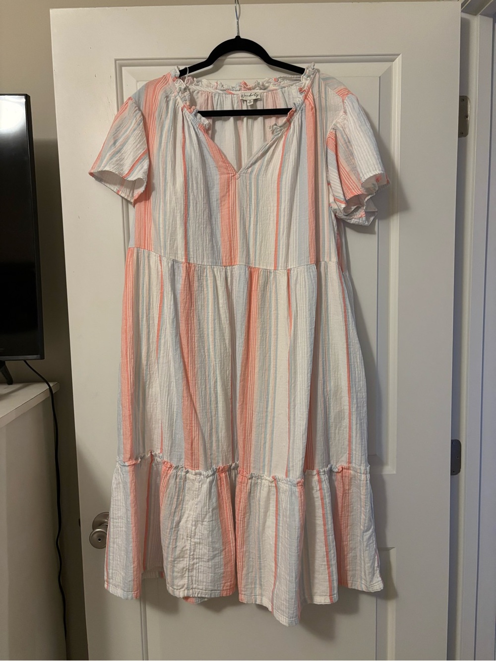 Wonderly White Dress with Peach and Light Blue Stripes
